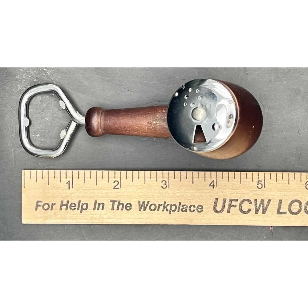 Vtg MCM Wood Pipe-Shaped Single Salt‎ or Pepper Shaker w/ Bottle Opener 5